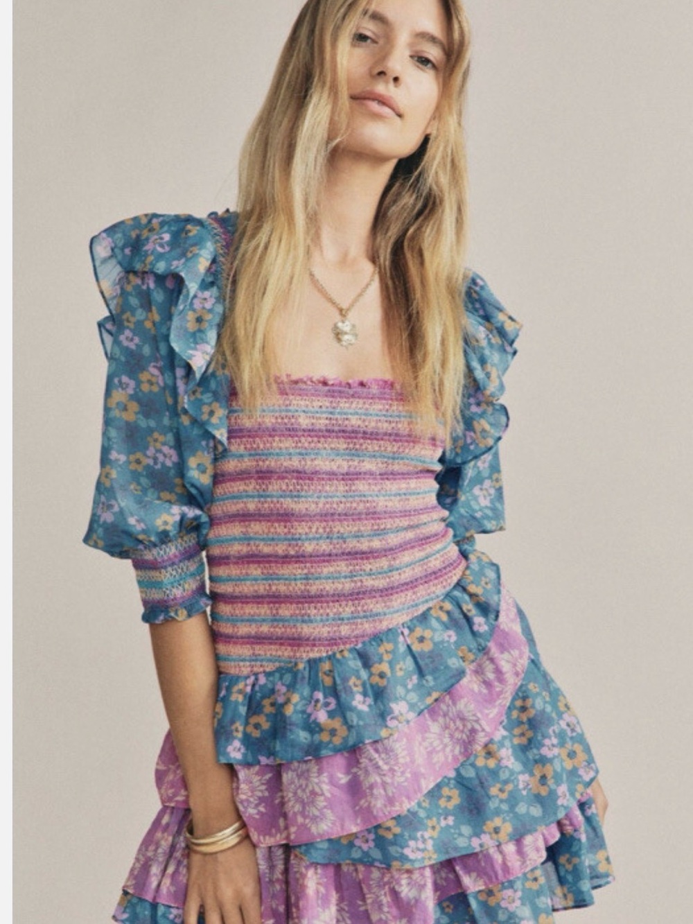 LoveShackFancy Golden Dress Smocked Mixed Floral Ruffle Mini dress
